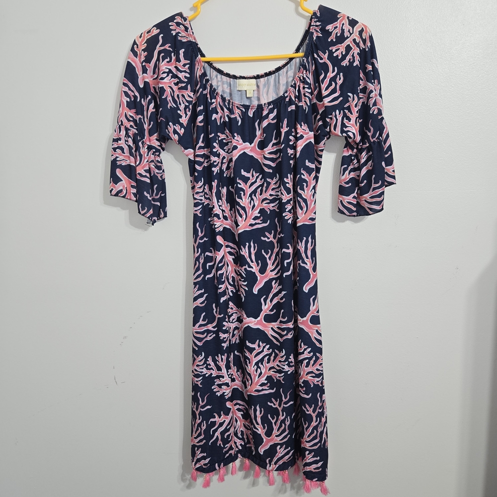 M#60 Simply Southern Coral Reef Print Tassel Hem Navy Blue Pink Dress Sz S